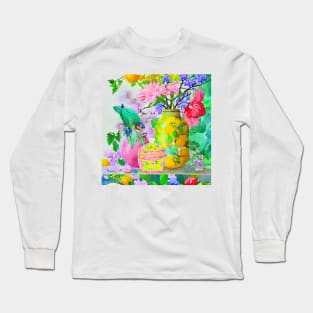 Green parrot and yellow chinoiserie jars watercolor Long Sleeve T-Shirt